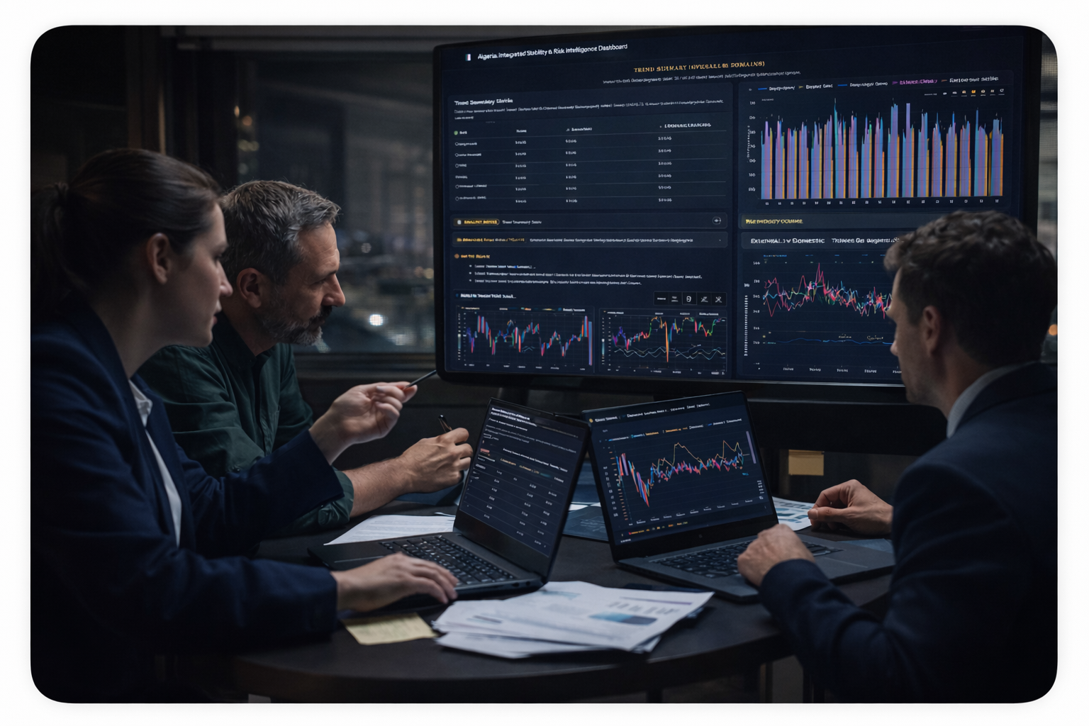 Talosai policy analysts reviewing country risk intelligence dashboards